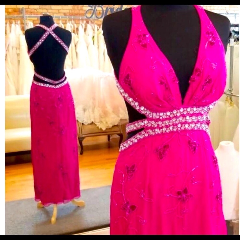 David bridal backless pink/silver prom dress